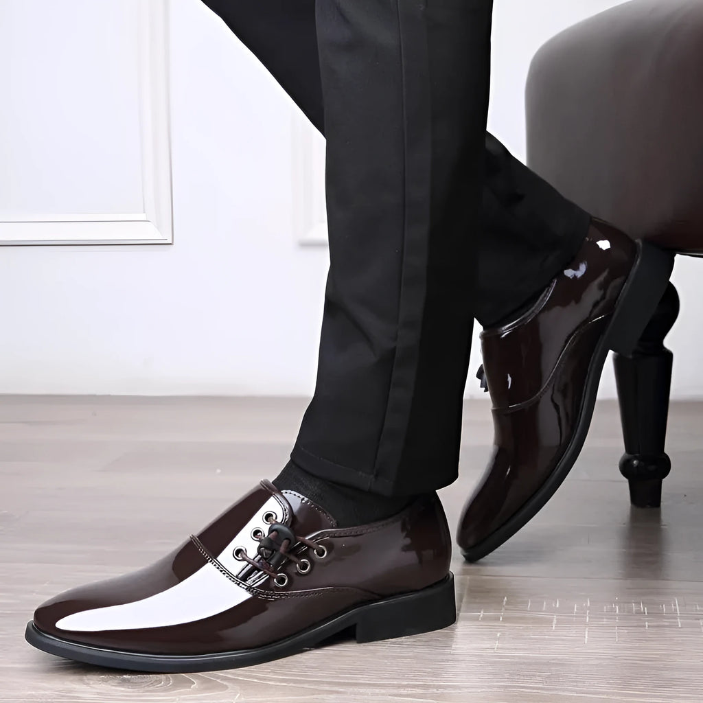 Men's black and brown business formal shoes with round toes and square heels on rubber soles