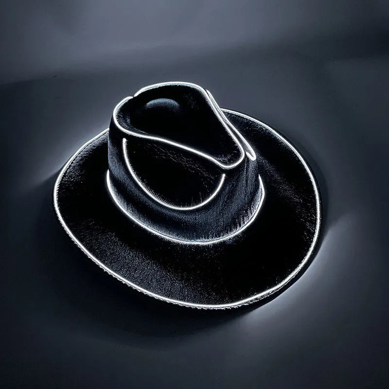 LED wireless fluorescent cowboy flashing hat in green, front view, EVA and EL wire construction, average size