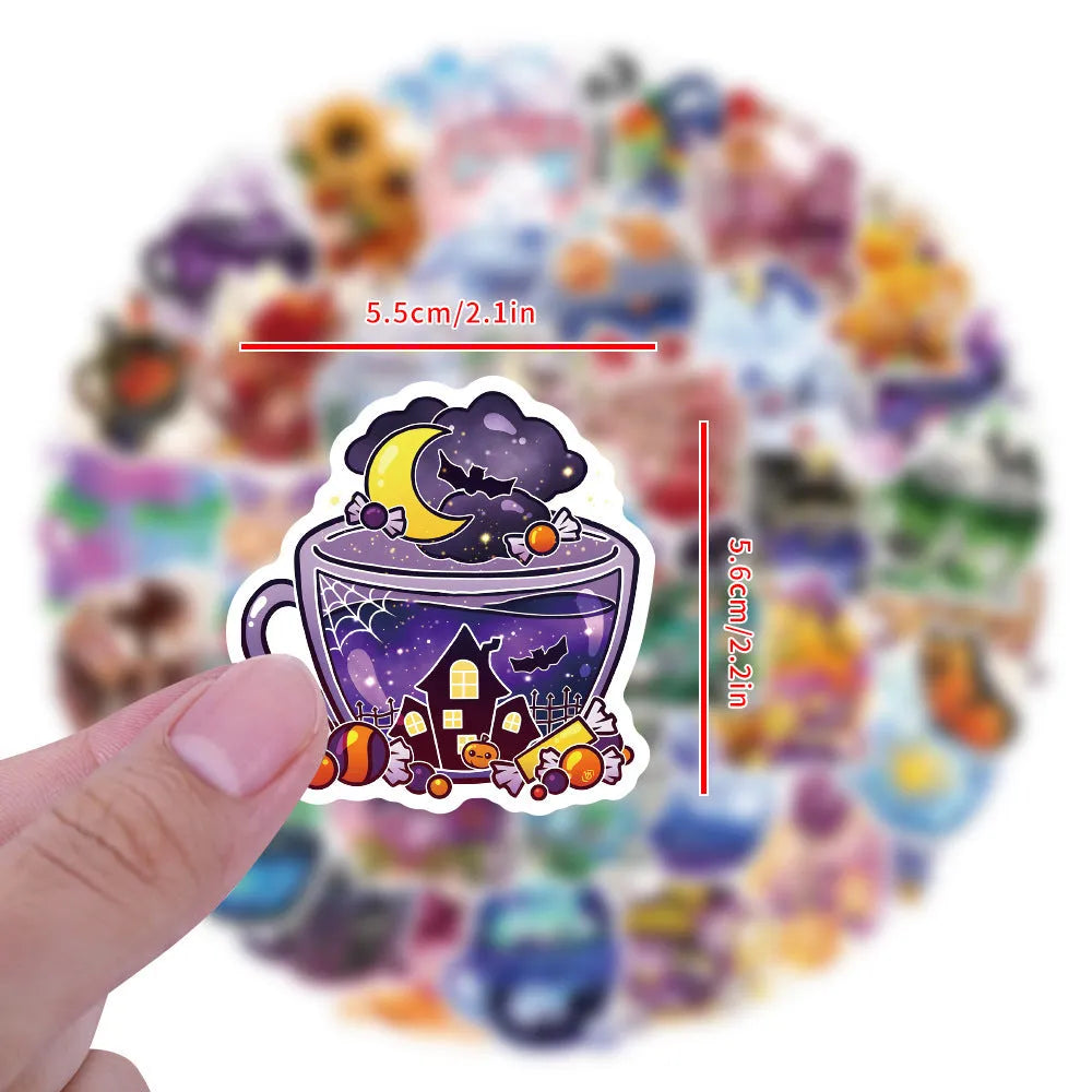 Colourful tea cup graffiti stickers in Nordic style design, 50-piece waterproof pack