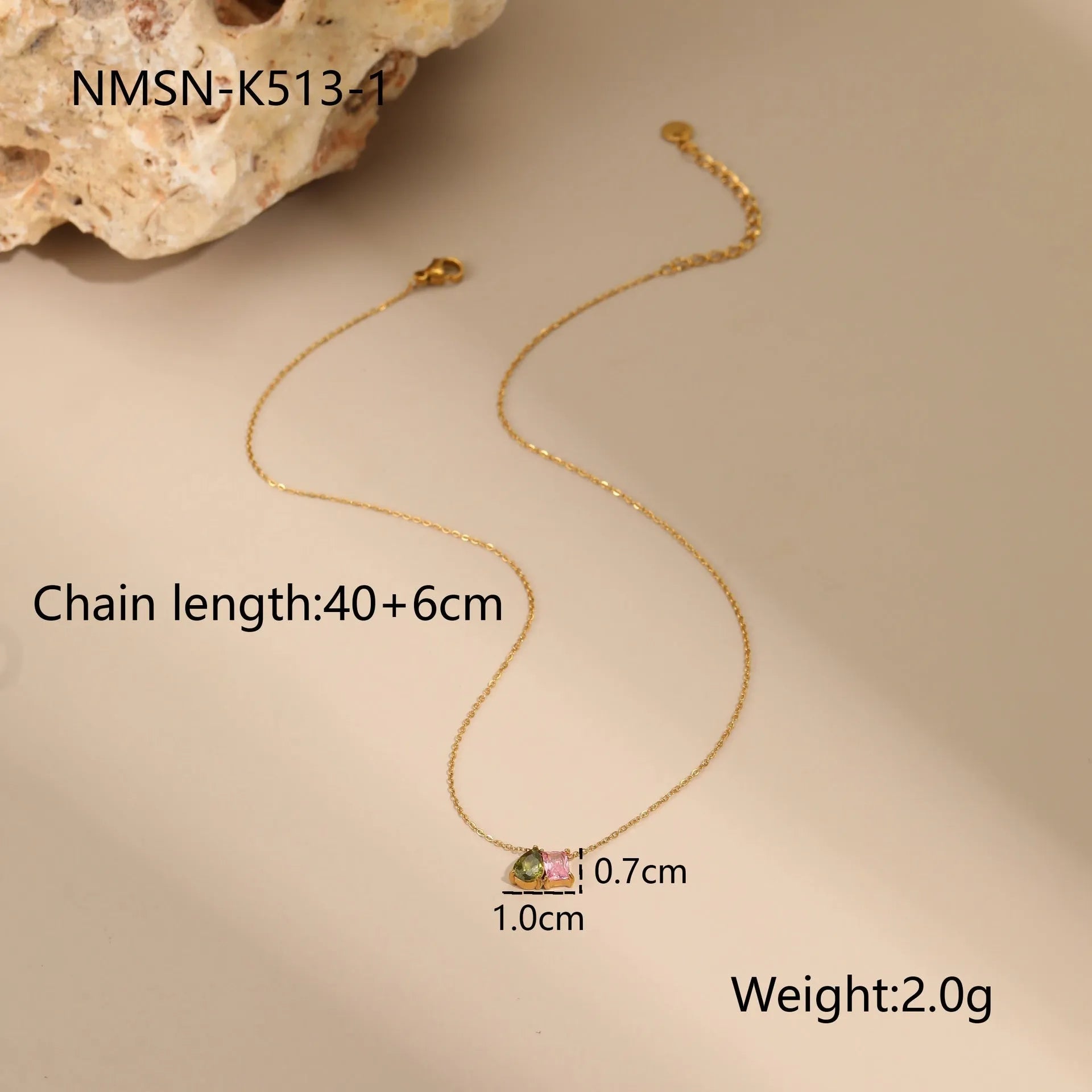 Geometric colour zircon necklace with matching gold plated earrings and ring on stainless steel chain
