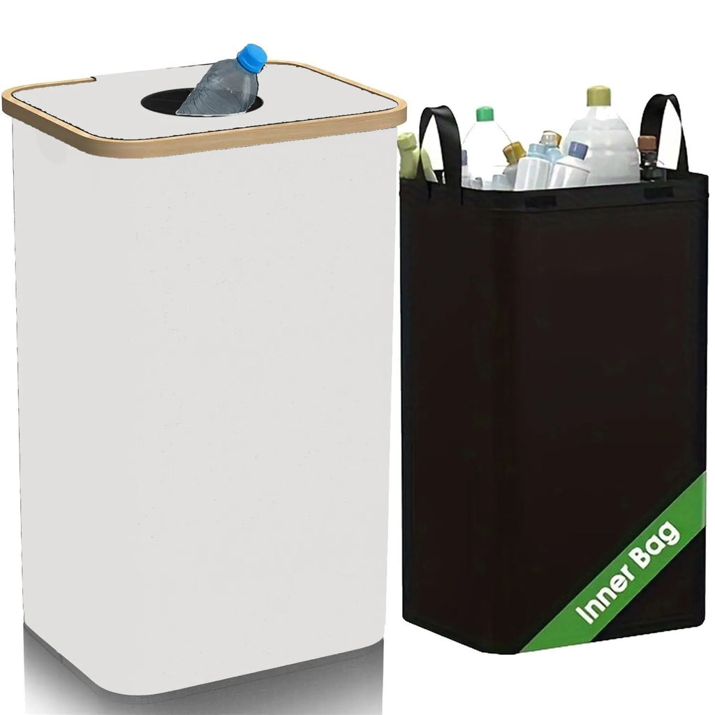 Black bamboo-texture storage basket with a removable lid, showing internal pockets and ventilation holes.