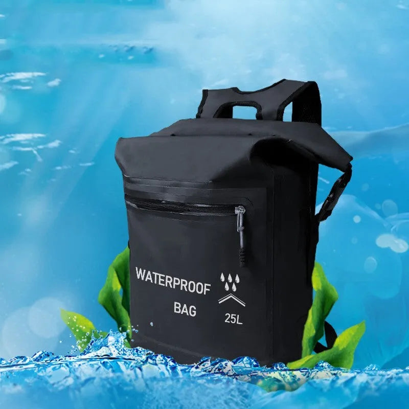 Black 25 litre waterproof outdoor backpack for swimming and rafting