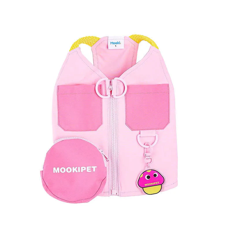 Pink polyester dog vest for small breeds on mannequin showing torso coverage