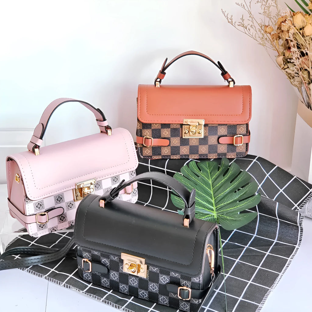 Retro patterned women's crossbody bag in a horizontal rectangle shape, shown in apricot colour.