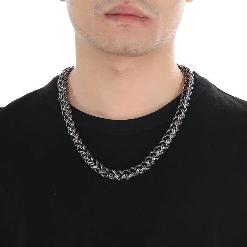 Men's titanium steel chain necklace with hemp flower links and antique silver finish