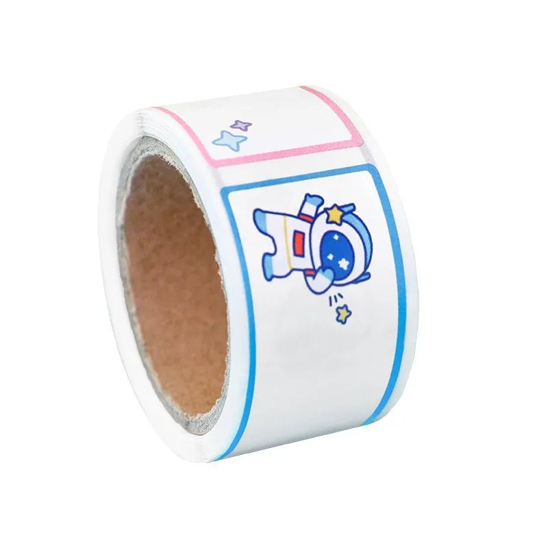 Roll of cartoon name stickers with astronaut, dinosaur, rabbit, and girl designs for student labelling