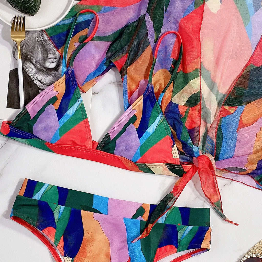 Red women's printed split swimsuit with European American pattern style and nylon construction