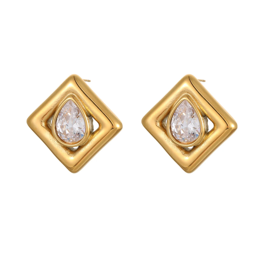 Gold plated geometric stud earrings with water drop zircon inlaid design