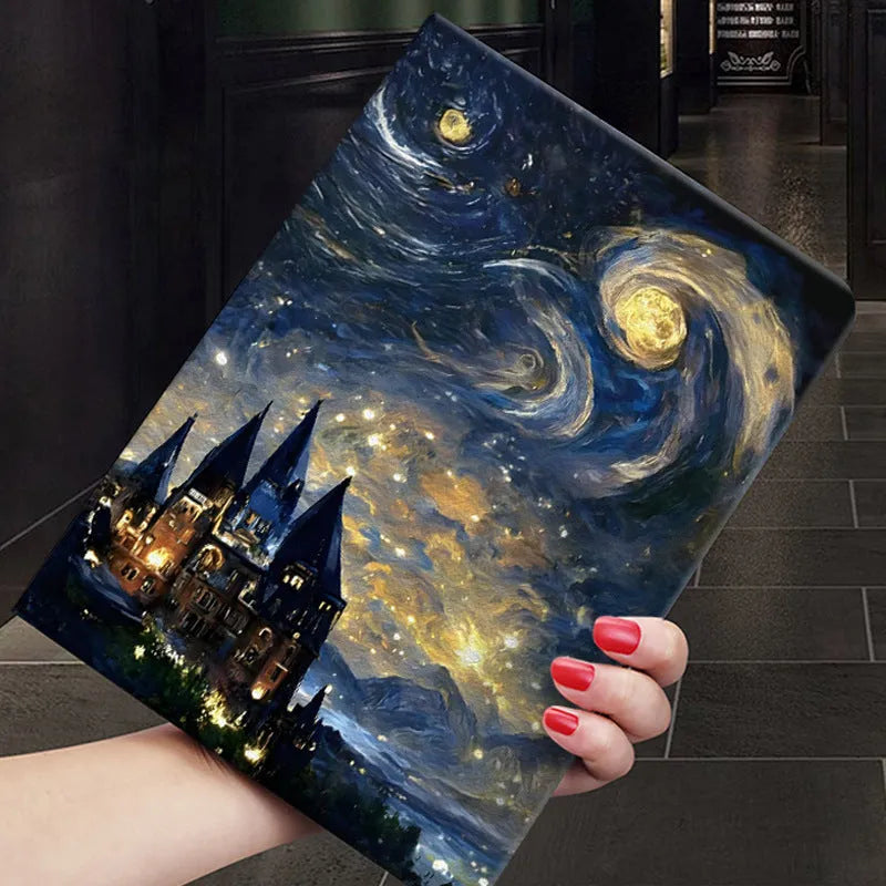 Handmade liquid silicone iPad flip case with floral oil painting design in Apricot Flower colour.