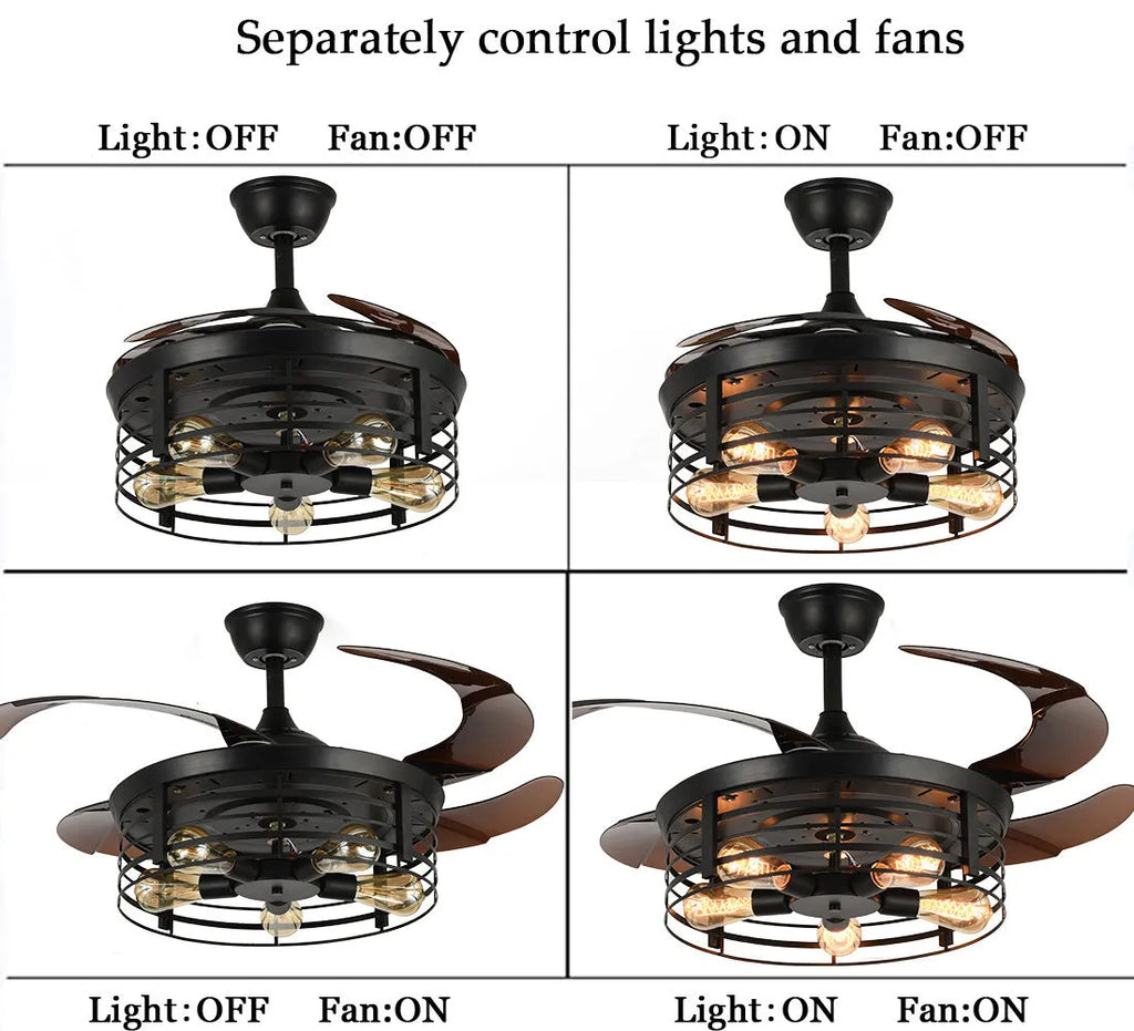American retro style industrial wind invisible ceiling fan lamp with acrylic shade and remote control