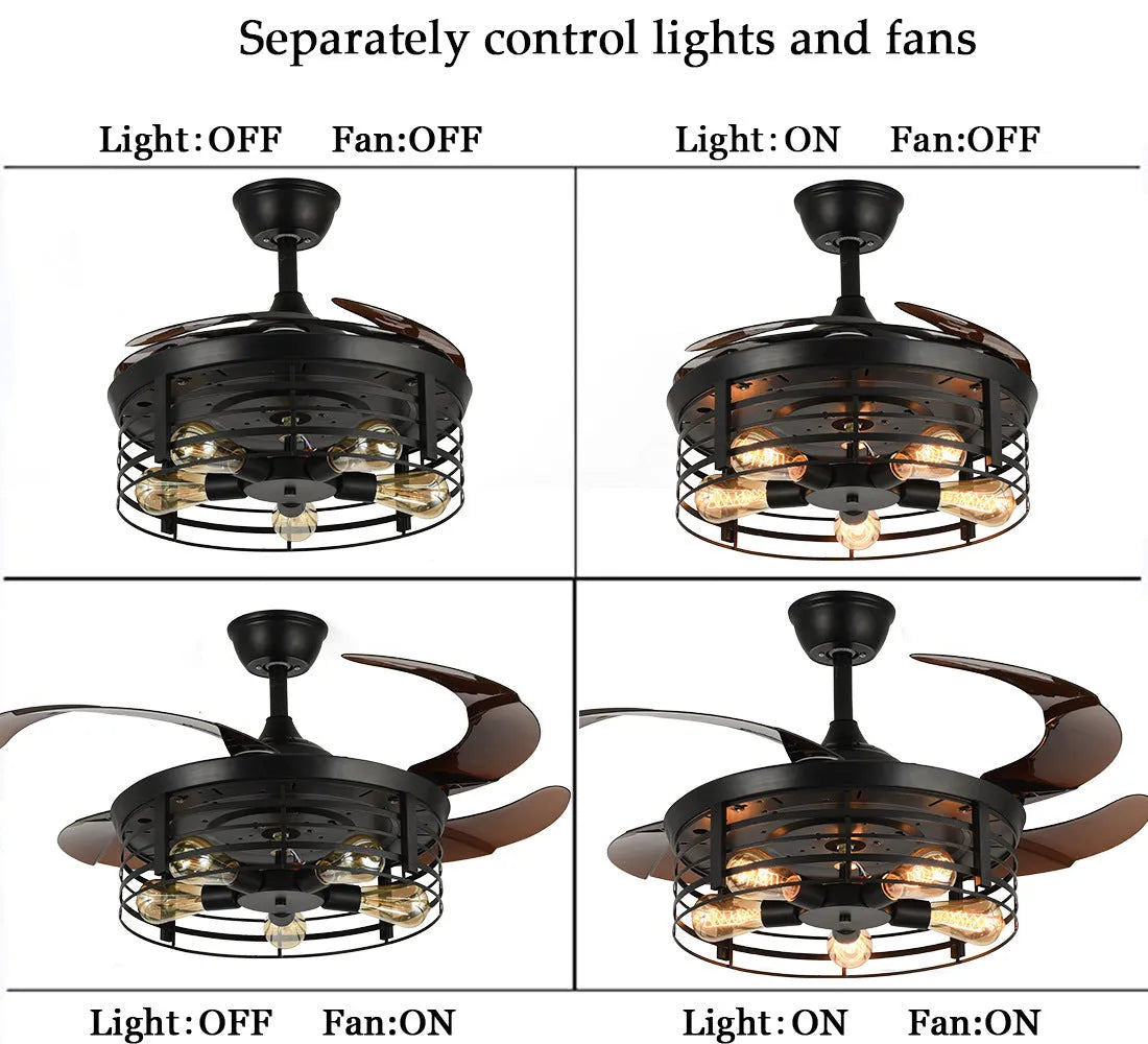 American retro style industrial wind invisible ceiling fan lamp with acrylic shade and remote control