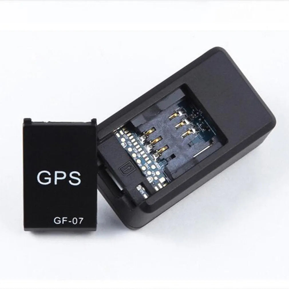 Black mini magnetic GPS tracker device showing dimensions and USB charging port