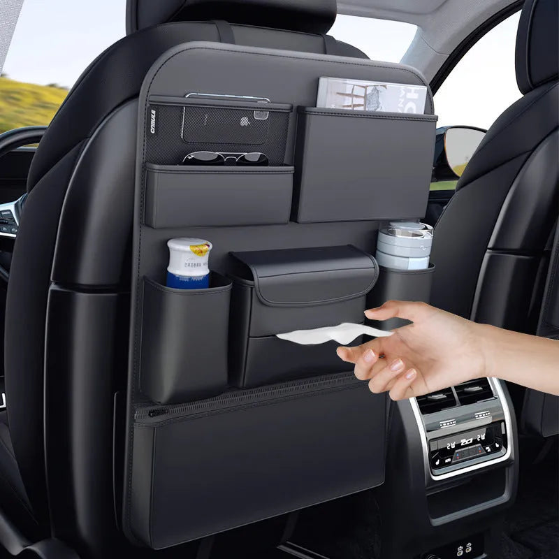 Black leather car seat back hanging storage bag with handle