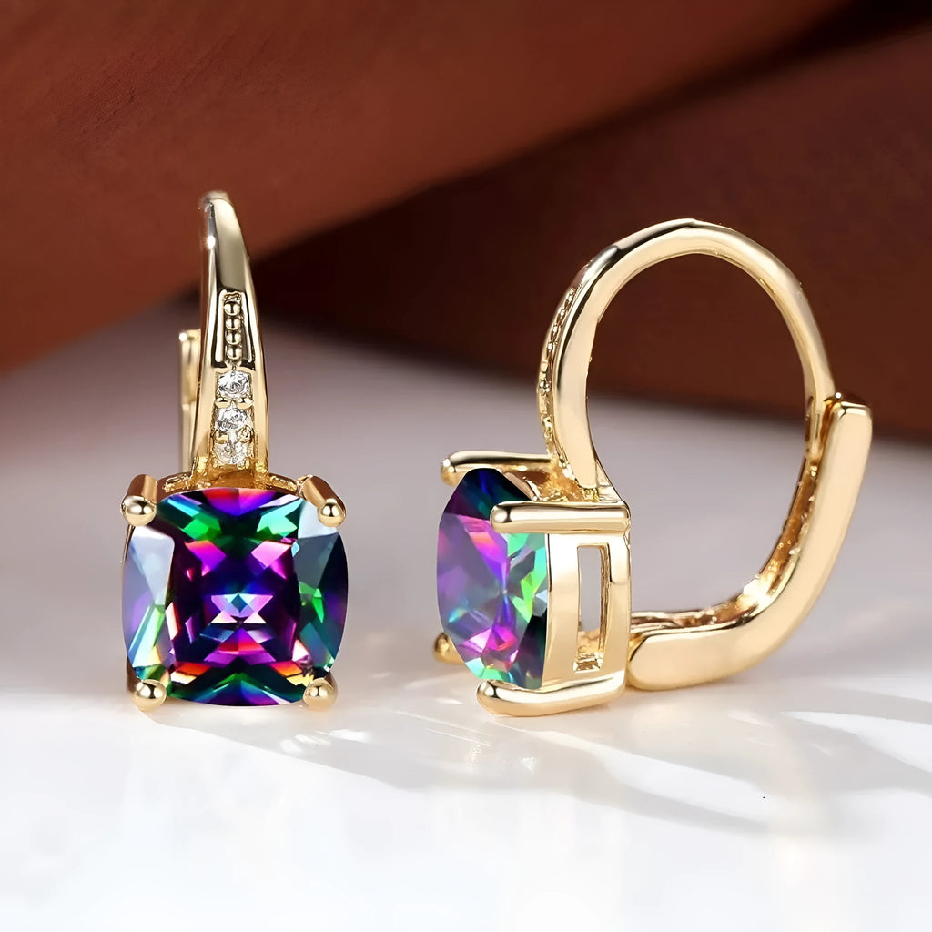 Geometric quadrilateral copper ear clips with moissanite stone inlay and electroplated gold finish