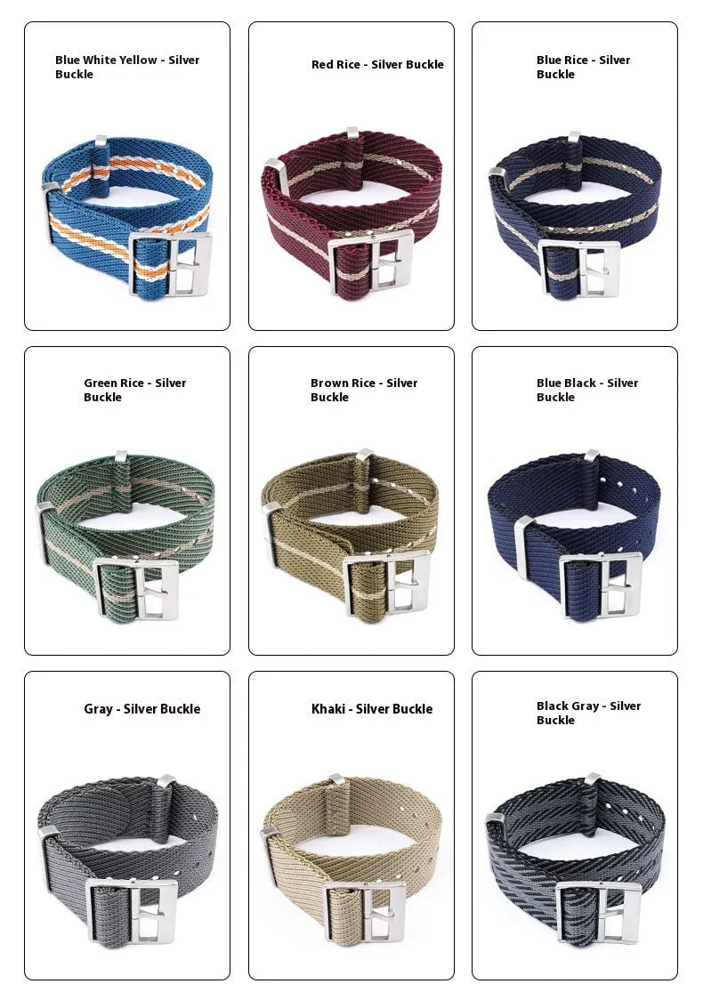 Nylon woven canvas watch strap with silver buckle in blue white colour, 22mm width on a watch