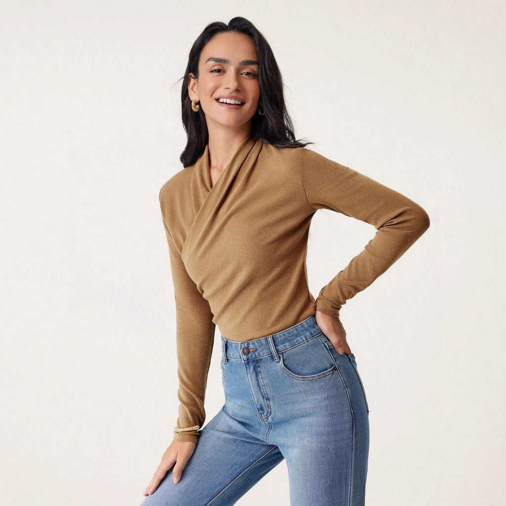 Camel colour women's slim fit polyester pullover sweater with long sleeves