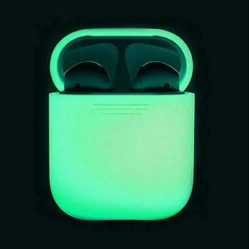 Luminous silicone flip case for Apple AirPods wireless earphones showing open and closed positions.