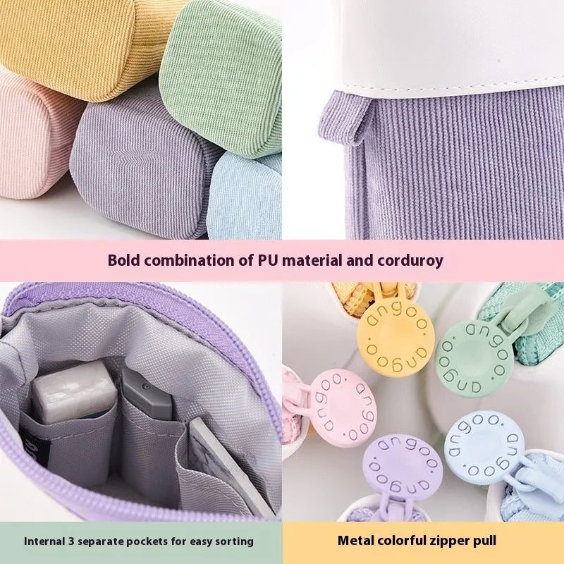 Purple PU corduroy drop-down telescopic stationery case in Korean style, open to show interior.