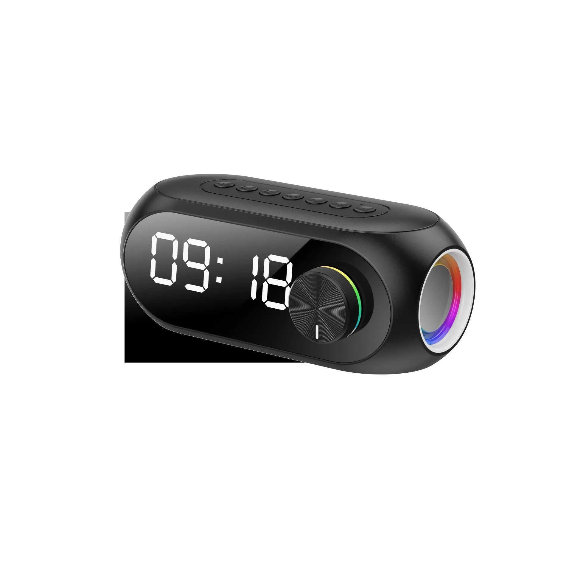 Compact USB-powered portable speaker with extra bass and digital clock display in black, white, or blue colour options.