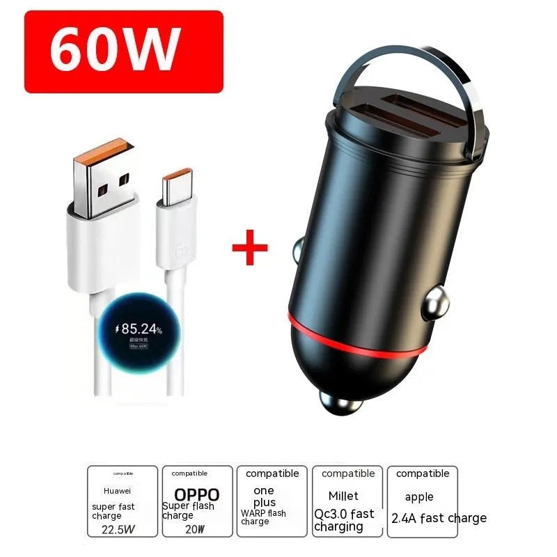 Black 200W zinc alloy car charger with USB port measuring 38mm