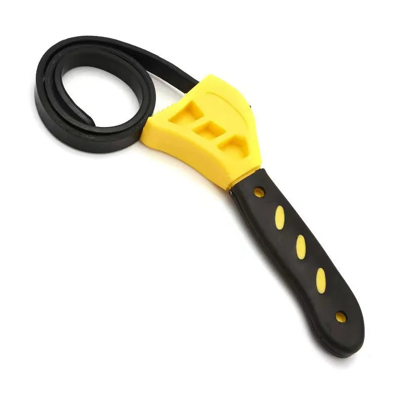 Adjustable rubber strap wrench set showing 6-inch and 8-inch models with a plastic rubber handle.