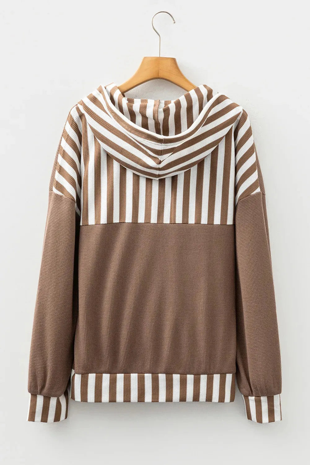 Straw yellow waffle texture striped patchwork hoodie with button neck and drawstring waist