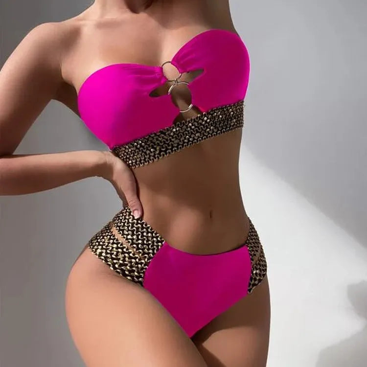 Hollow beach bikini split swimsuit with chest pad in black, nylon fabric, front view