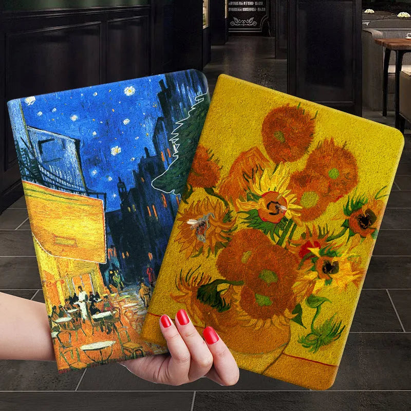Handmade liquid silicone iPad flip case with floral oil painting design in Apricot Flower colour.