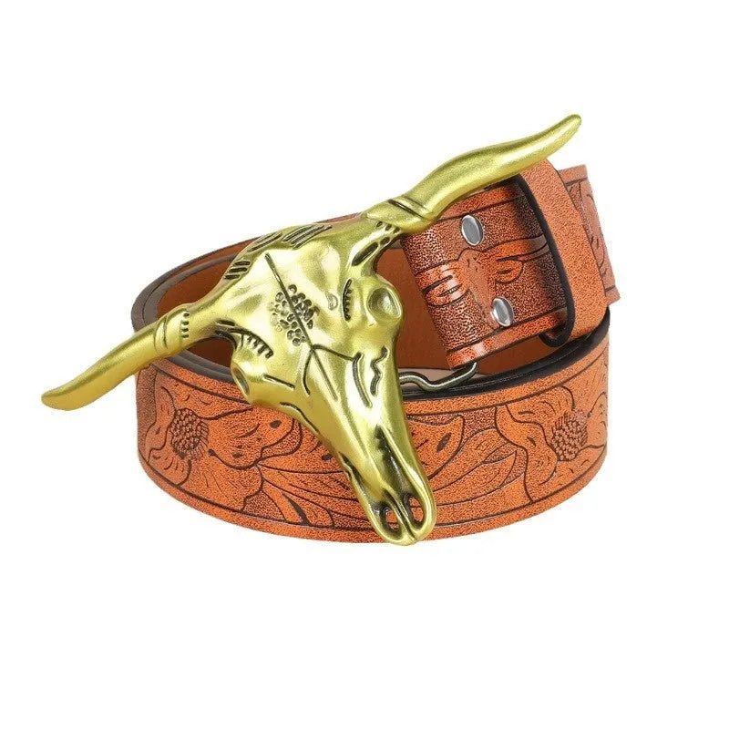 Men's cow head buckle belt in imitation leather with alloy buckle showing embossed detailing