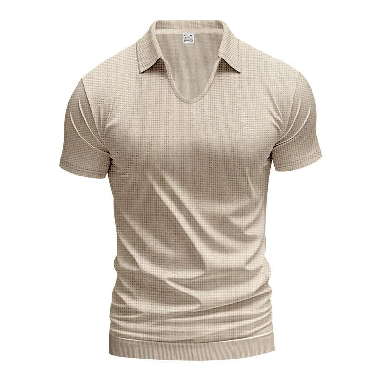 Men's loose light grey V-neck short sleeve casual cotton blend T-shirt laid flat