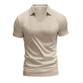 Men's loose light grey V-neck short sleeve casual cotton blend T-shirt laid flat