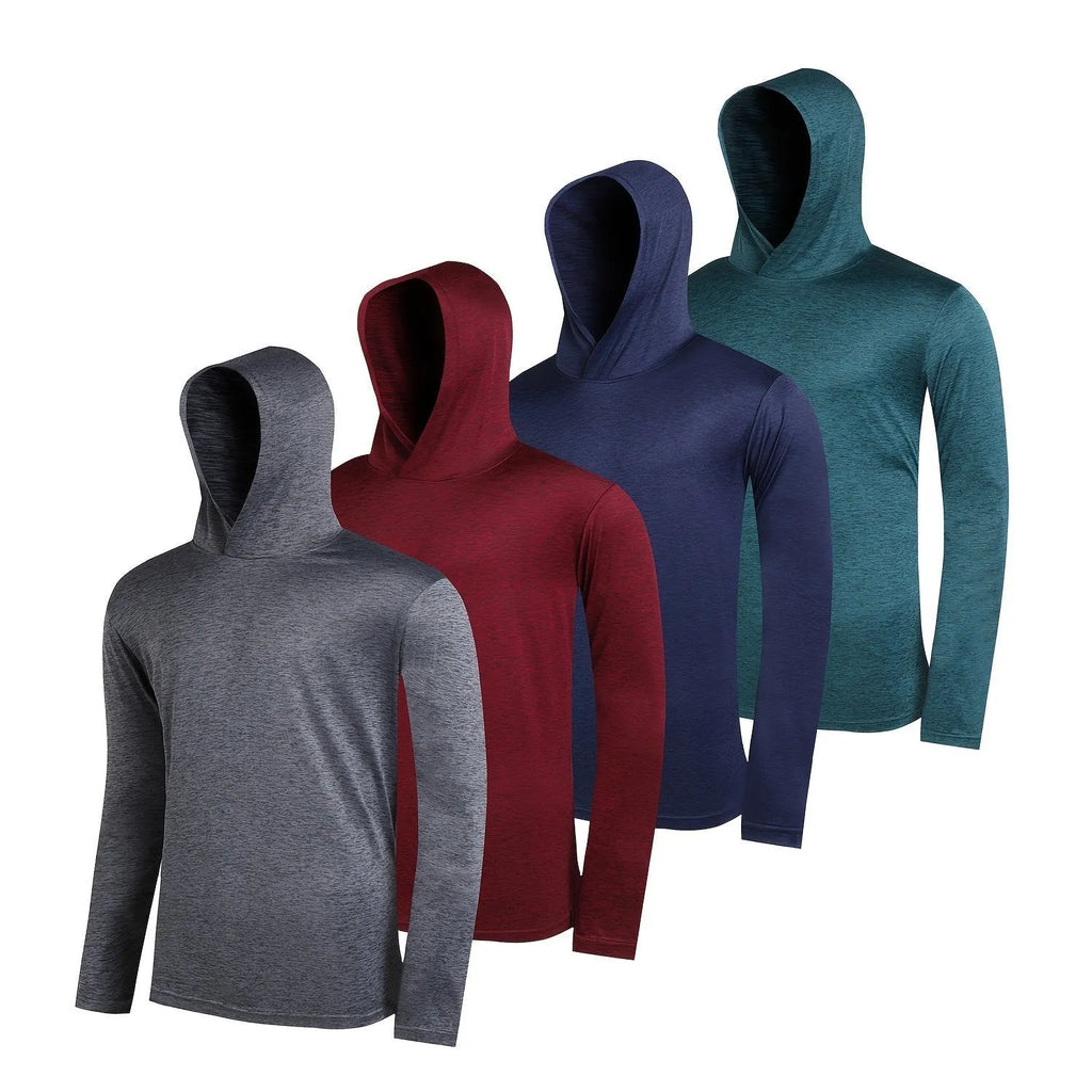 Four men's lightweight polyester hoodies folded showing different colours and both hooded and non-hooded styles