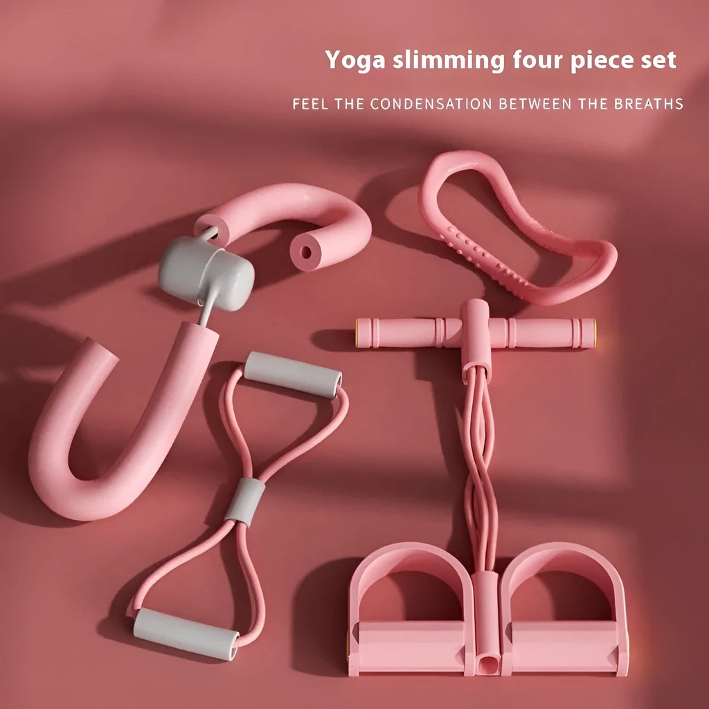 Yoga four piece fitness set showing leg stretching device, yoga ring, pedal puller, and figure eight tension rope