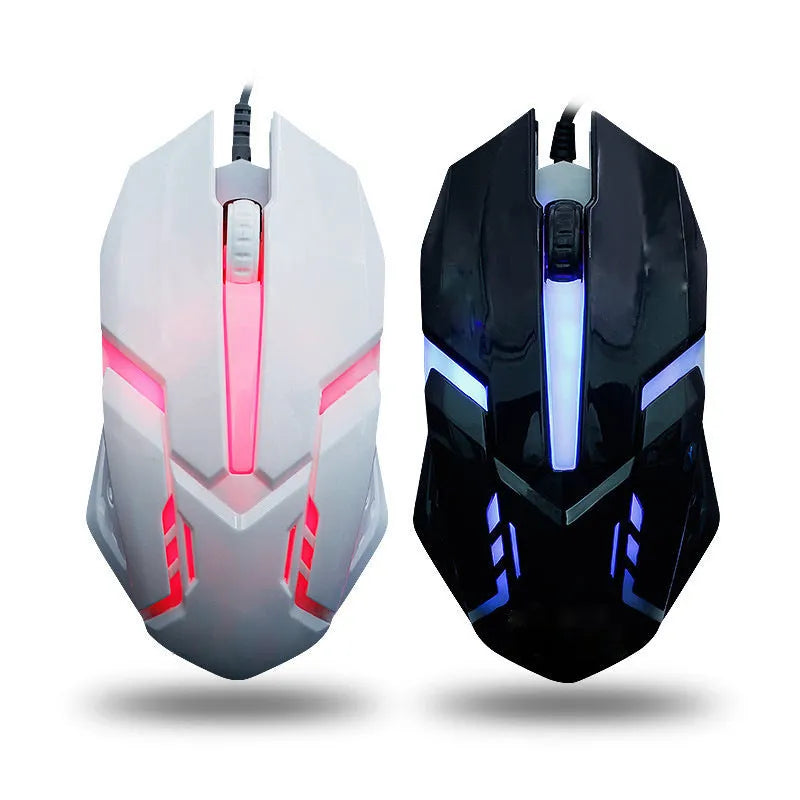 Wired USB gaming mouse with colourful breathing light, black four-button design, and 1.2 metre cable