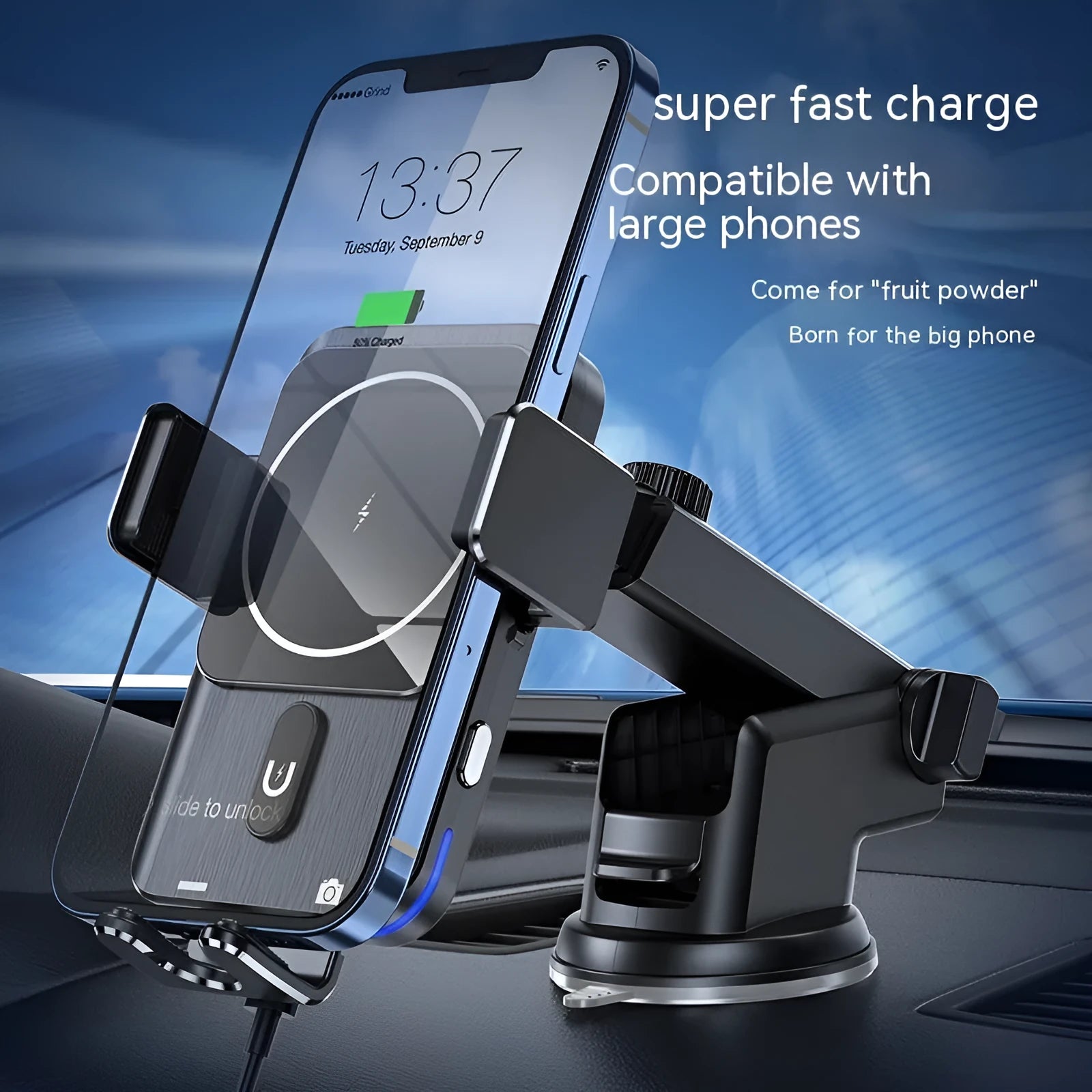 Black car wireless phone charger holder with 15W charging pad shown with clip and suction cup bracket options.