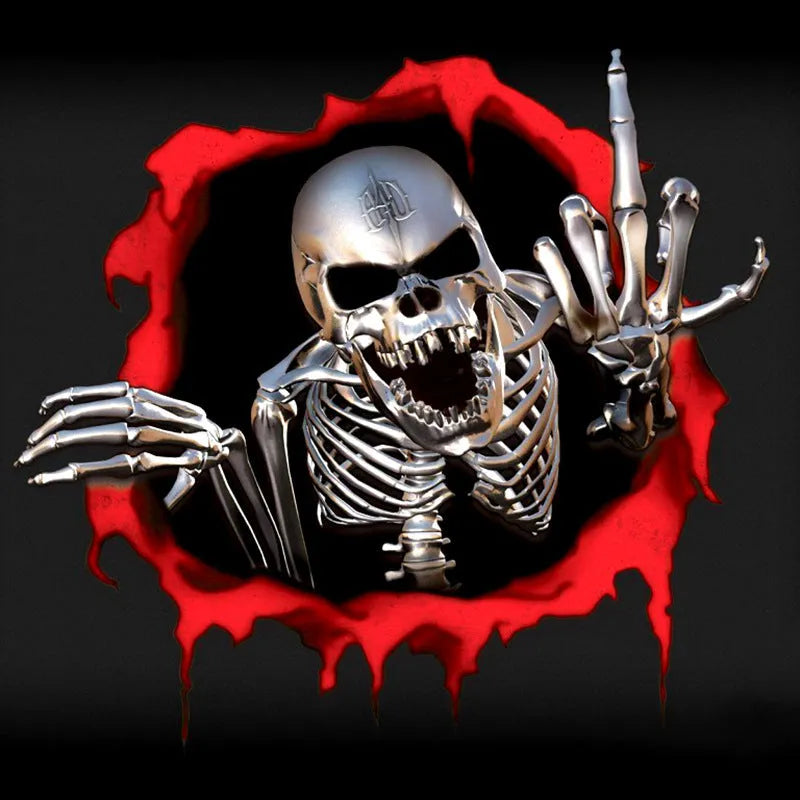Reflective metal skull car bumper sticker with colourful broken shell design measuring 15 by 14 centimetres