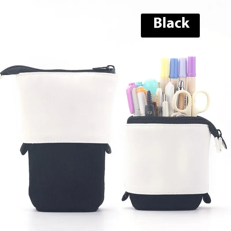 Purple PU corduroy drop-down telescopic stationery case in Korean style, open to show interior.