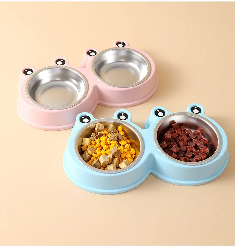 Stainless steel pet double bowl with frog design showing separate food and water compartments