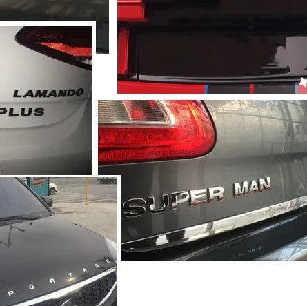Close-up of a single 3D metal car letter sticker in zinc alloy on a vehicle bumper.