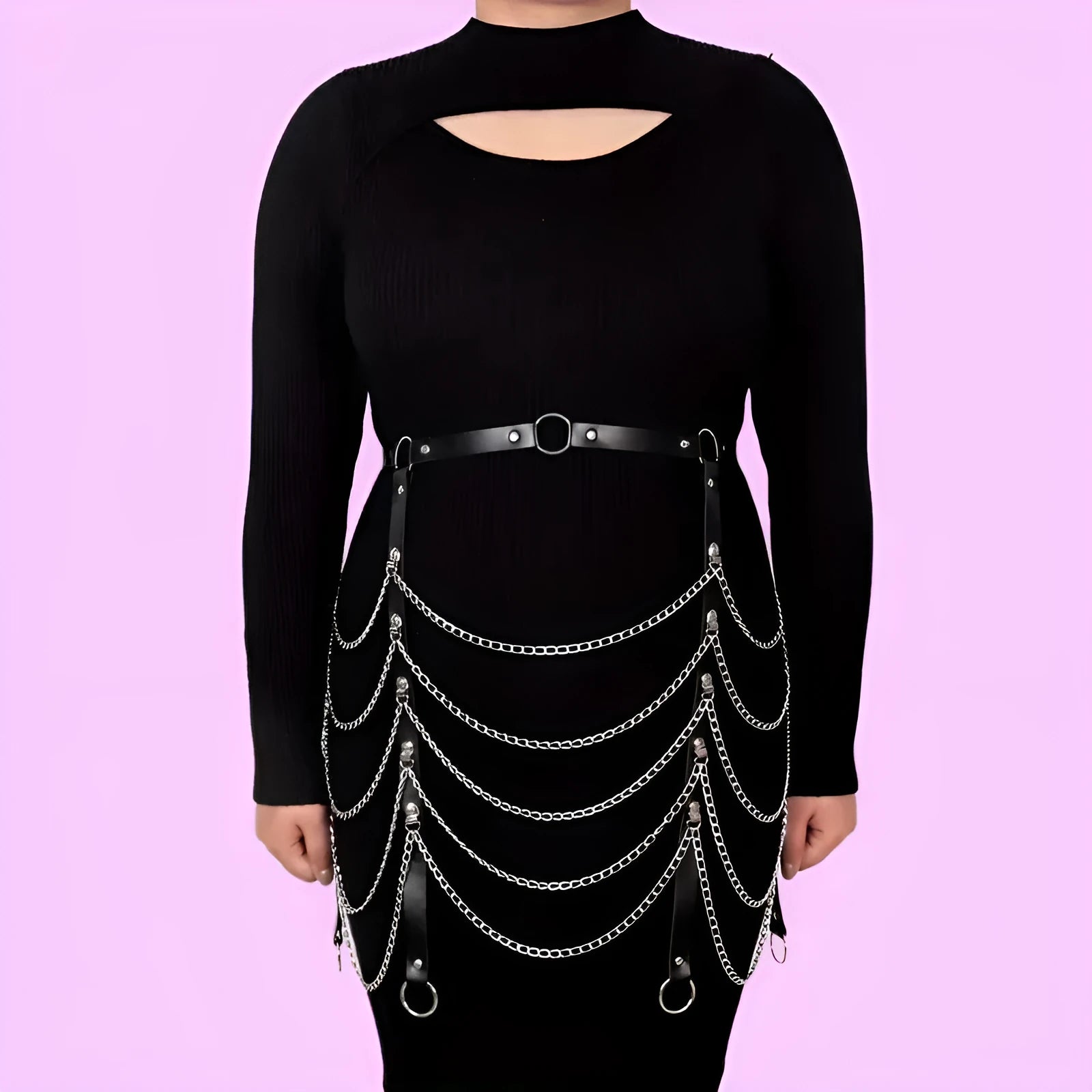 Black PU leather waist chain ornament with bandage binding chain design