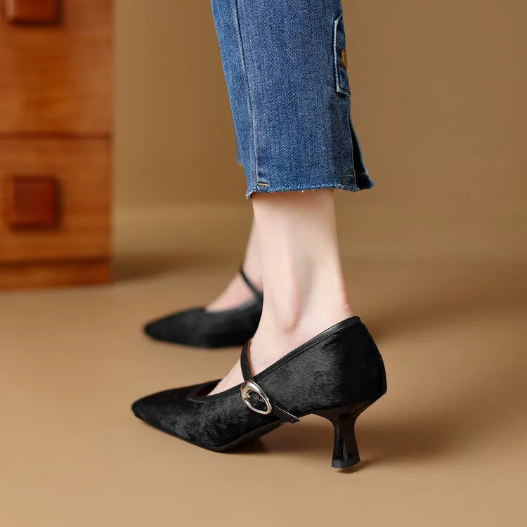 Women's black square toe stiletto ankle-strap shoes with horse hair upper and buckle fastening.
