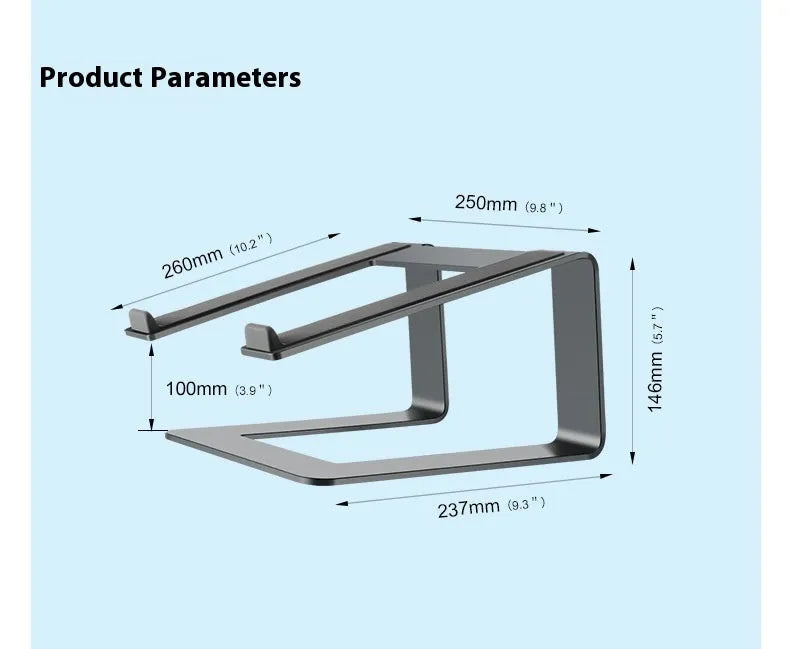 Black aluminium alloy laptop stand with 29.9 cm width on desktop