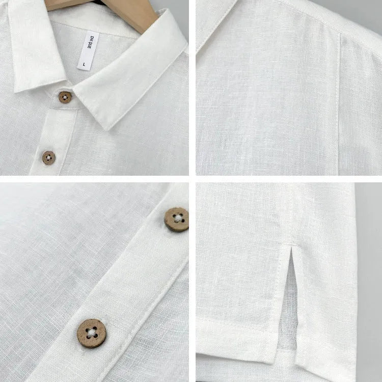 Men's linen summer shirt with thin lapels and short sleeves in loose fit