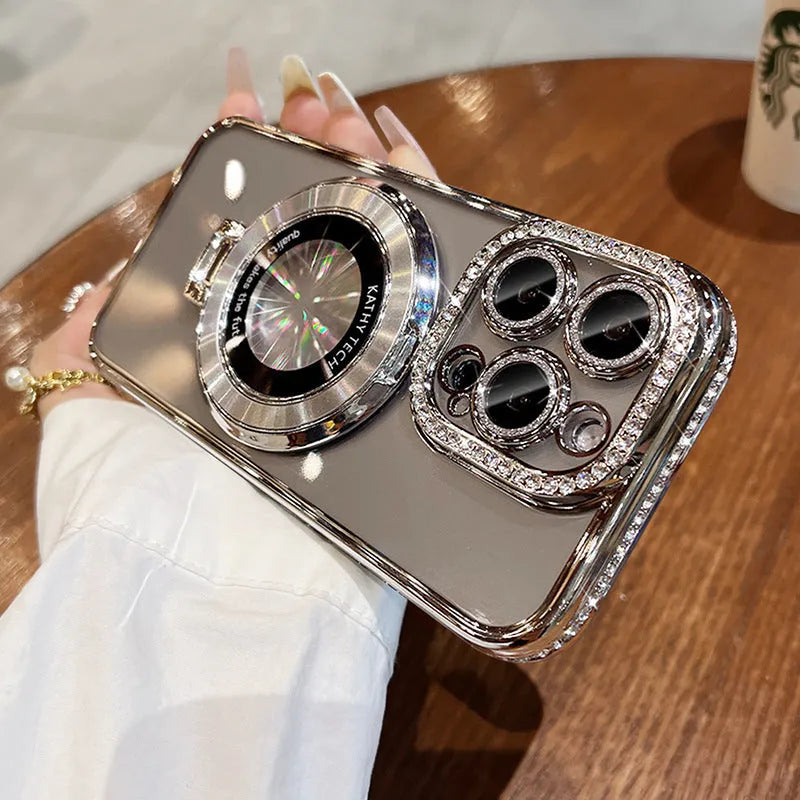Transparent silicone iPhone case with rhinestone frame and built-in magnetic bracket in purple colour.