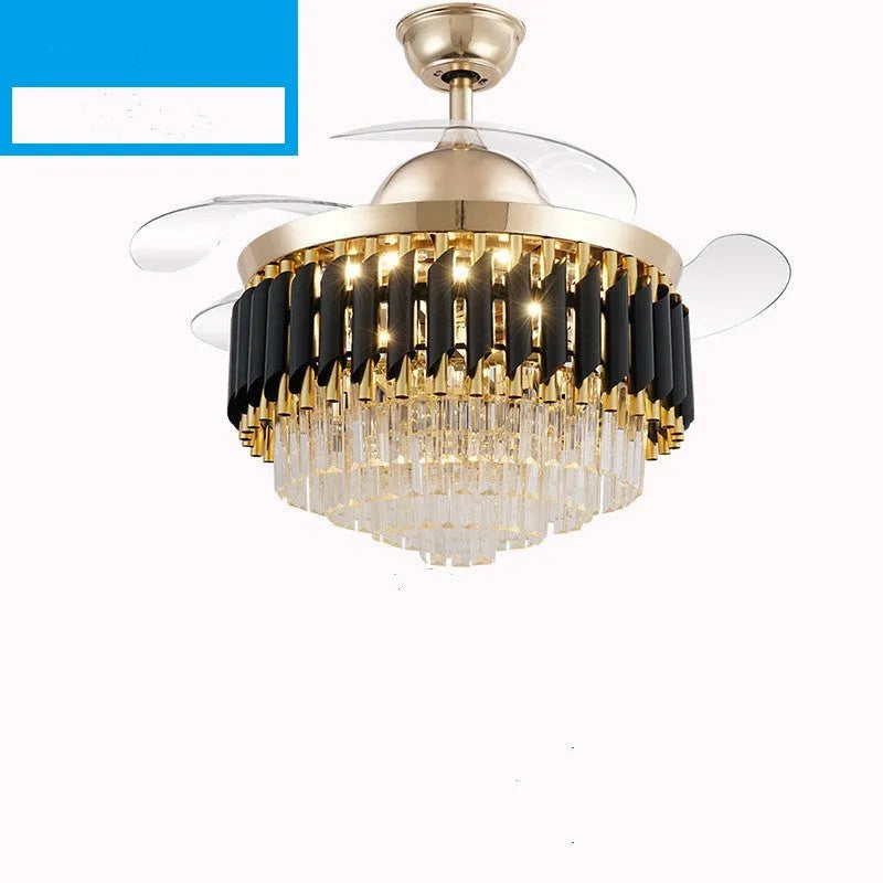 Remote control crystal ceiling fan light unit shown in 42-inch and 48-inch size options.