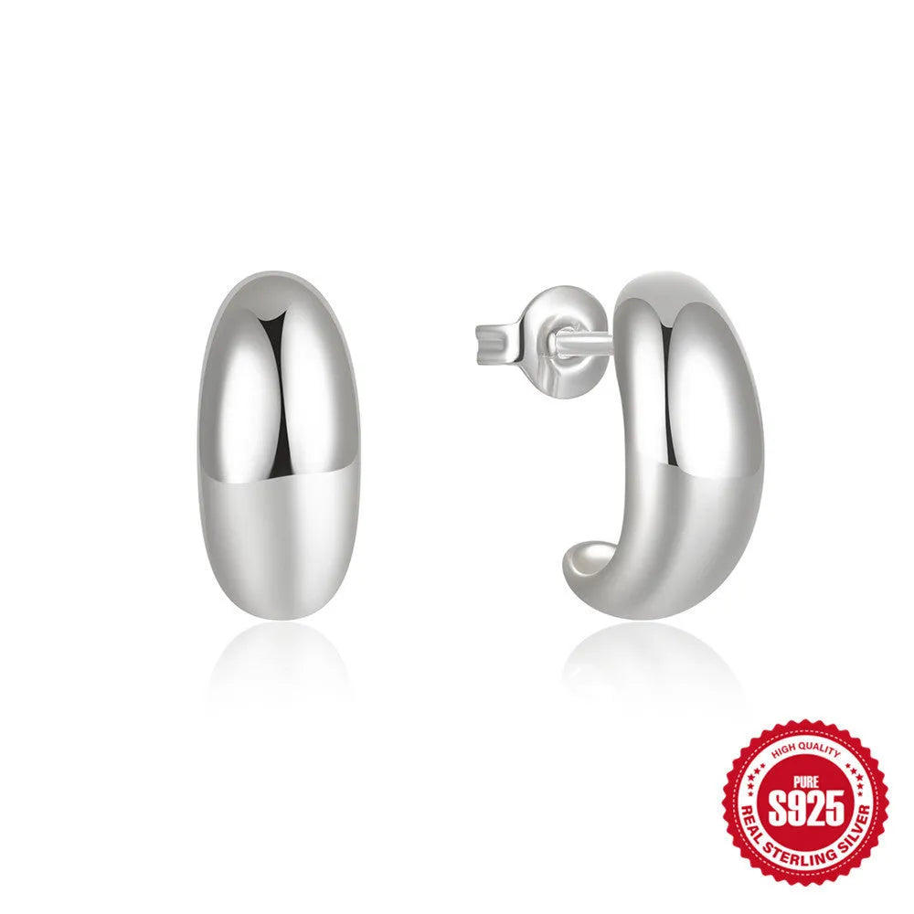 C-shaped sterling silver ringstud earring with electroplated gold or white gold glossy finish