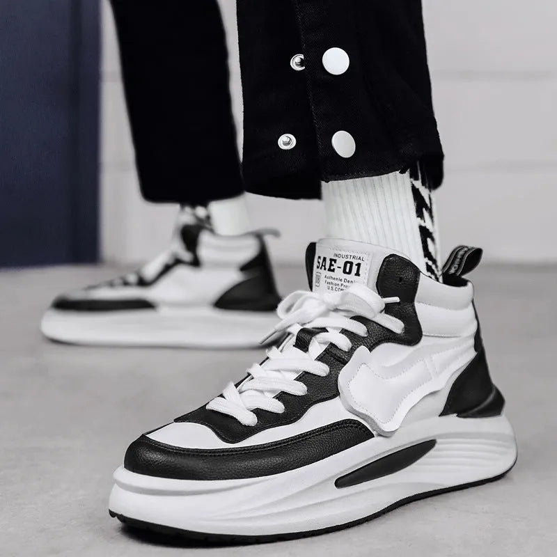 Men's black high-top platform casual shoes made of artificial PU leather with a round toe.