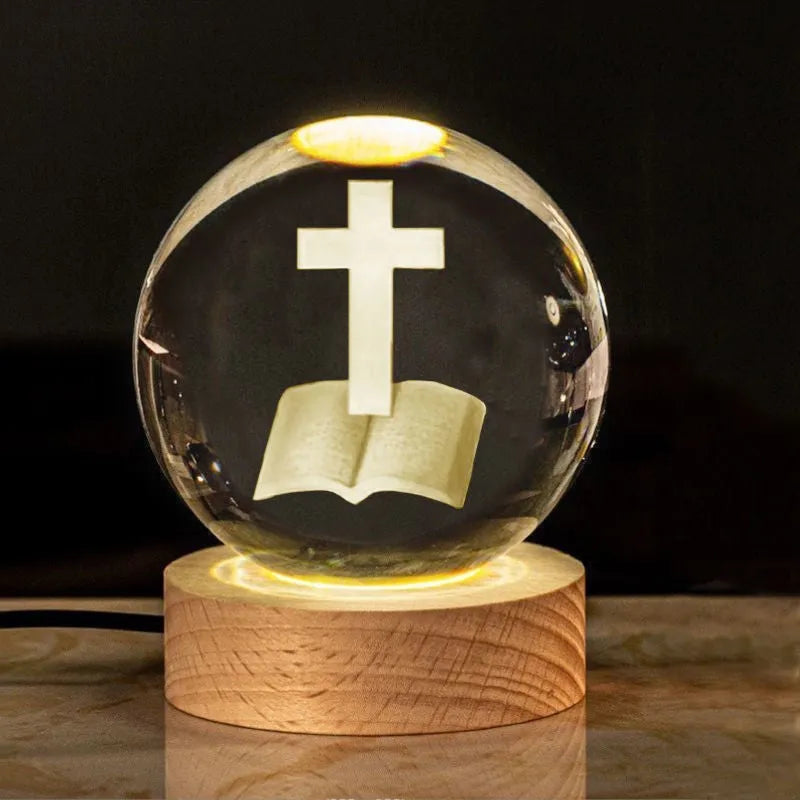 White crystal ball church desk ornament lamp with solid wood warm light base