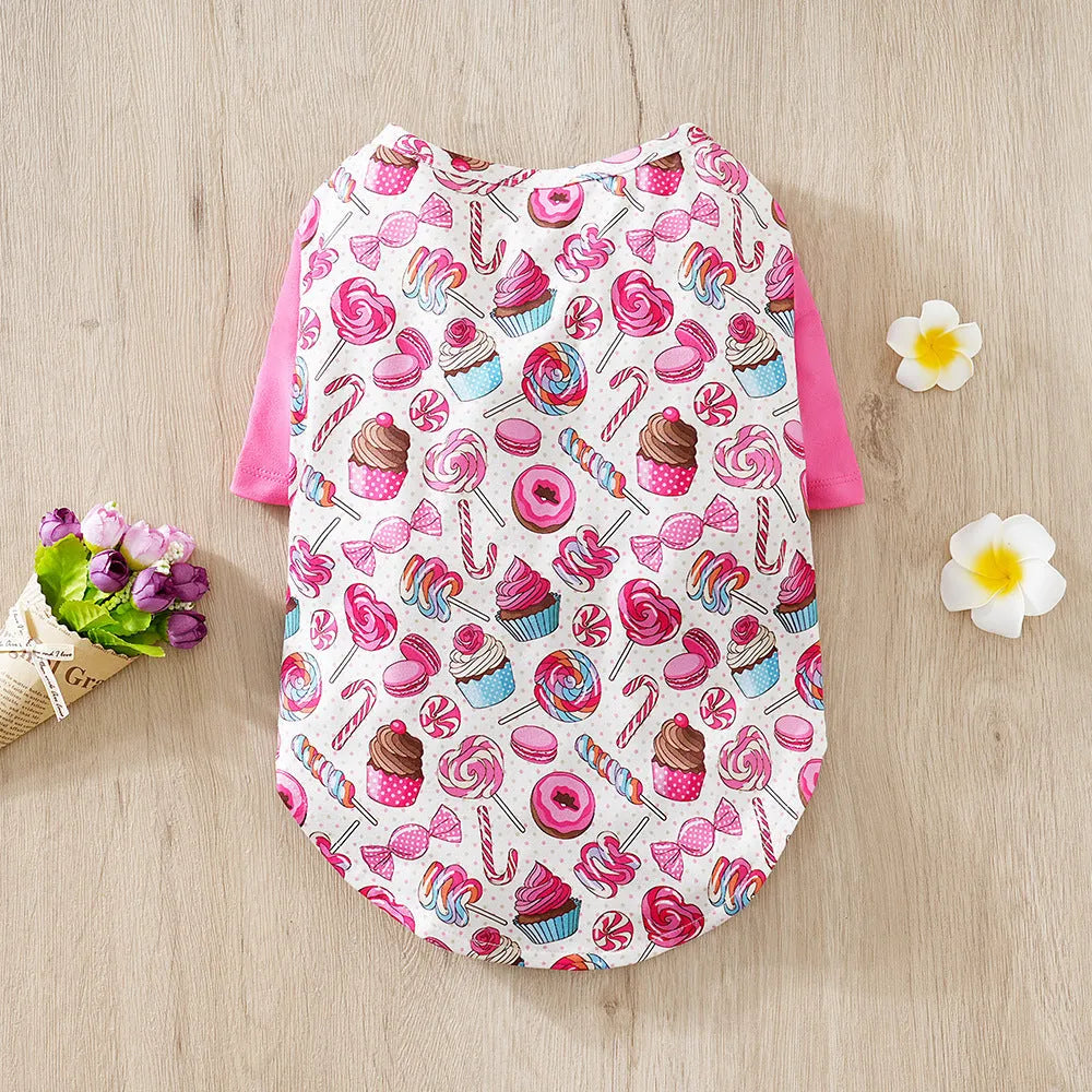 Printed polyester dog t-shirt for small dogs showing colourful design with size options S to XXL