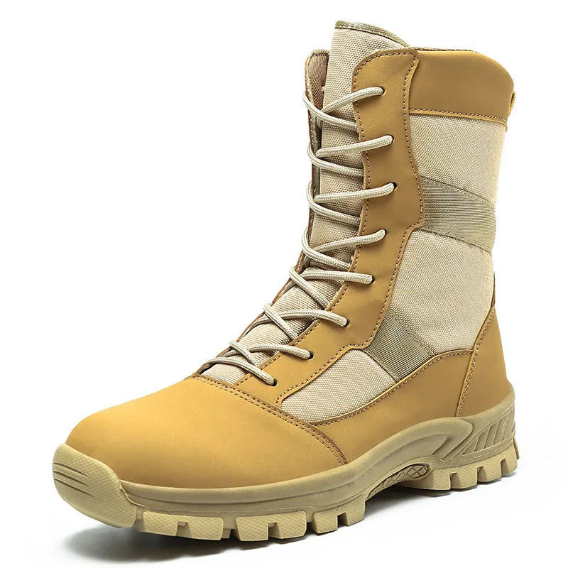 Men's black and camouflage high-top mesh combat boots showing side profile and totem detail.